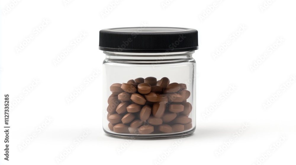 Transparent jar filled with brown pills against a white background showcasing medication storage and pharmaceutical themes. Transparent jar filled with brown pills against a white background showcasing medication storage and pharmaceutical themes.