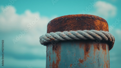 Maritime details: rusty mooring bollard with nautical ropes against a cloudy sky - ideal for marine decor concepts and coastal design themes photo