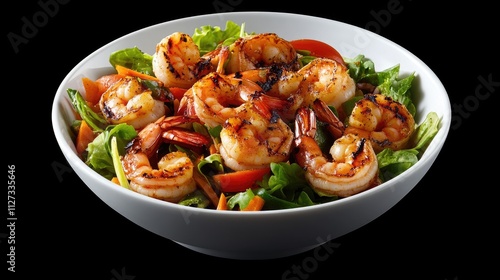 Grilled shrimp salad with fresh mixed greens and vegetables in a white bowl against a dark background showcasing healthy dining options