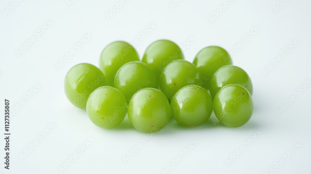 Fresh green grapes arranged artistically on a clean white surface showcasing their vibrant color and natural sheen. Fresh green grapes arranged artistically on a clean white surface showcasing their vibrant color and natural sheen.