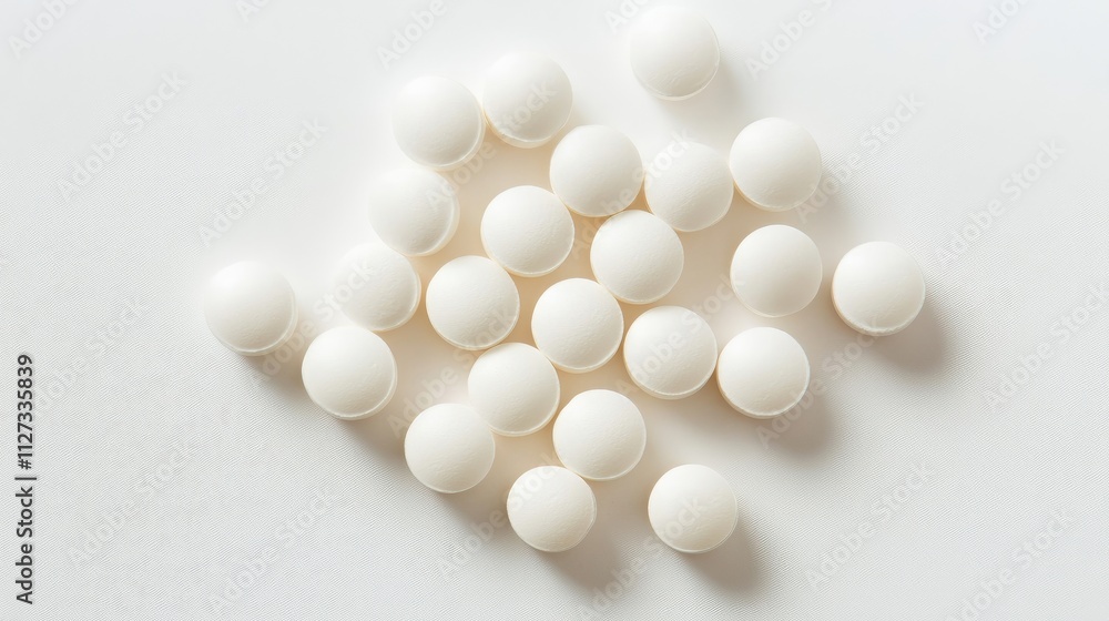 White round pills scattered on a clean white surface representing medication healthcare concept minimalist background White round pills scattered on a clean white surface representing medication healthcare concept minimalist background