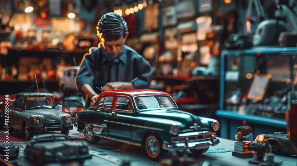 Obraz premium Miniature vintage car models in a workshop