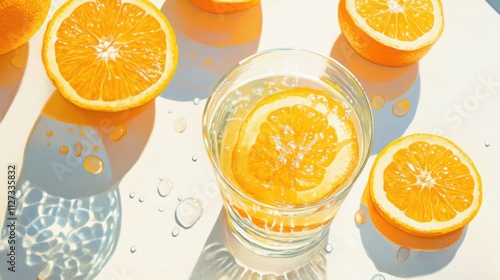 Refreshing orange beverage with citrus slices and droplets against a bright background showcasing vibrant colors and summer vibes. photo