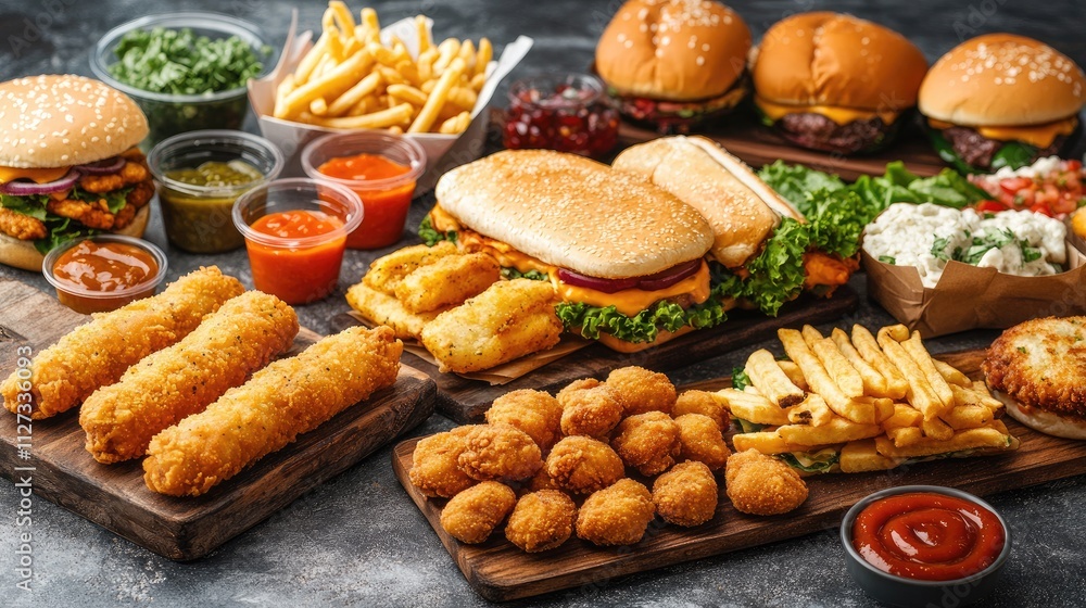 Assorted American fast foods featuring burgers chicken strips fries nachos and more served on wooden boards for a appetizing display Assorted American fast foods featuring burgers chicken strips fries nachos and more served on wooden boards for a appetizing display