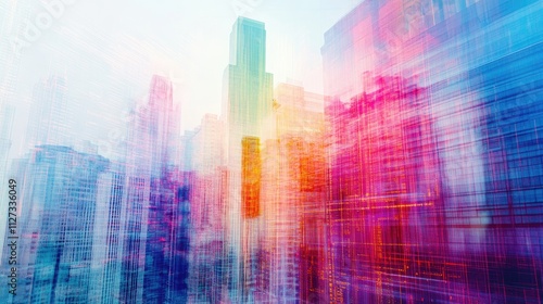 Abstract multi exposure of skyscrapers with vibrant colors illustrating concepts of big data networking and modern technology in urban settings