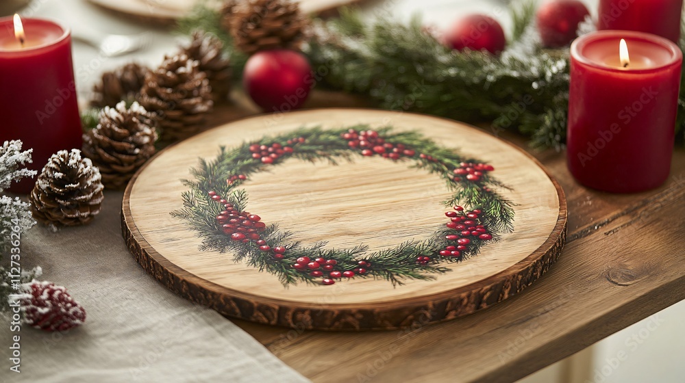A rustic wooden charger plate with a festive wreath design, set on a table with frosted pinecones and red candles A rustic wooden charger plate with a festive wreath design, set on a table with frosted pinecones and red candles