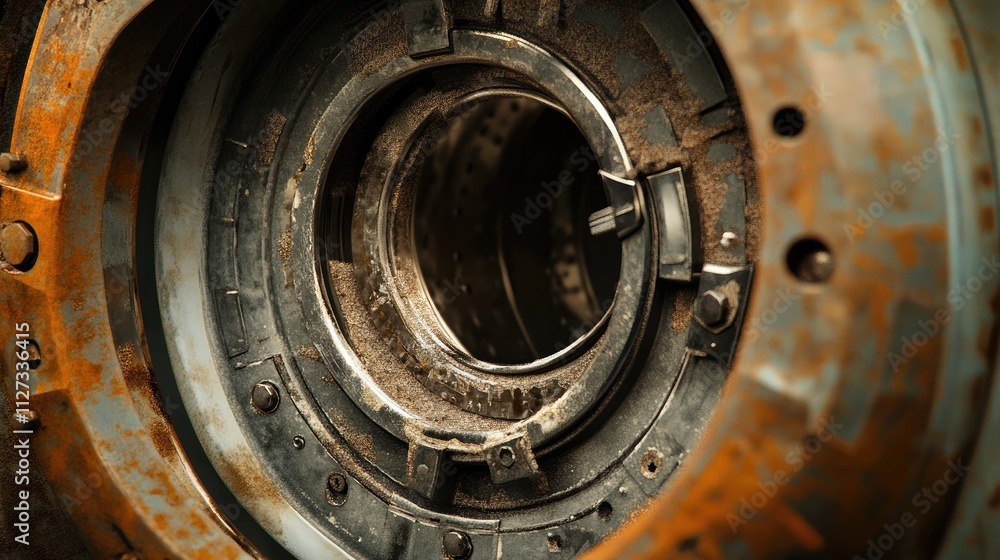 Close-up view of a broken and dusty washing machine dynamo showcasing rust and wear in mechanical components. Close-up view of a broken and dusty washing machine dynamo showcasing rust and wear in mechanical components.