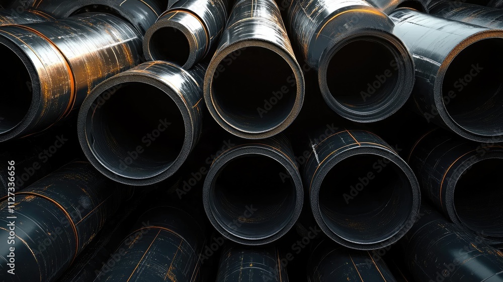 Steel pipes stacked in an industrial setting showcasing construction materials and flat steel pipe product group for various applications Steel pipes stacked in an industrial setting showcasing construction materials and flat steel pipe product group for various applications