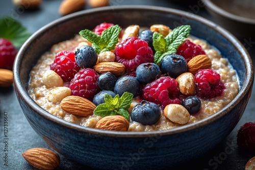 A delicious breakfast featuring a bowl of porridge, with blueberries and raspberries.