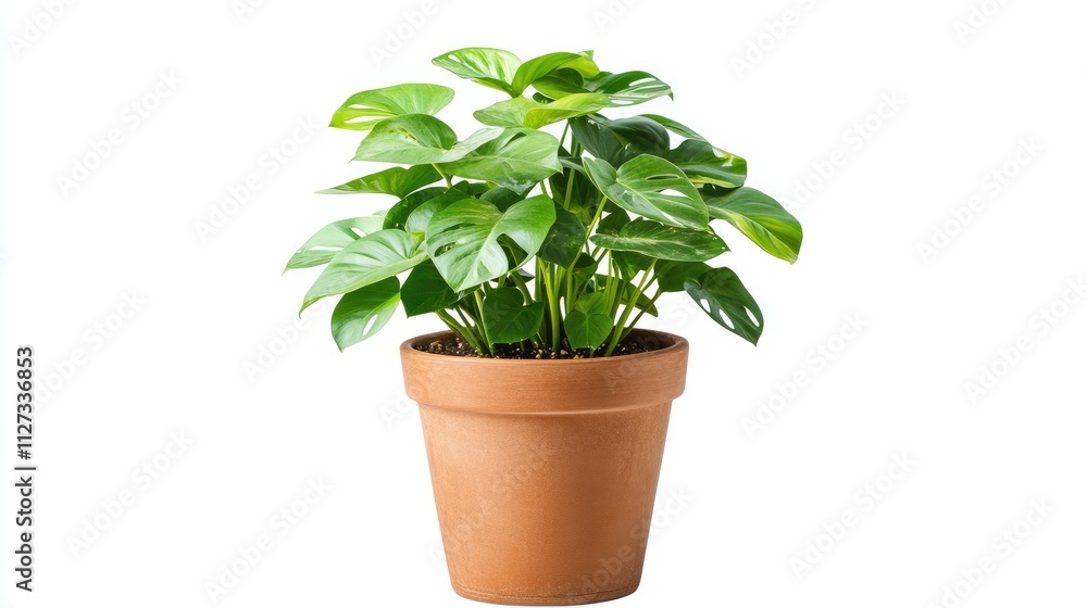 Tropical Monstera plant in a terracotta pot showcasing vibrant green leaves ideal for indoor decoration and aesthetic home design Tropical Monstera plant in a terracotta pot showcasing vibrant green leaves ideal for indoor decoration and aesthetic home design