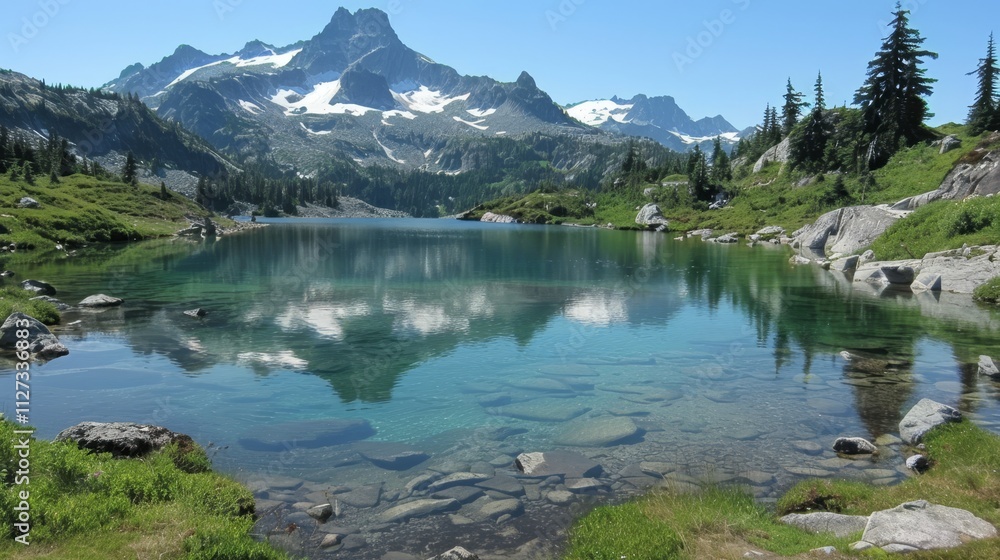 Fototapeta premium Tranquil mountain view with snow capped peaks mirrored in a pristine lake landscape
