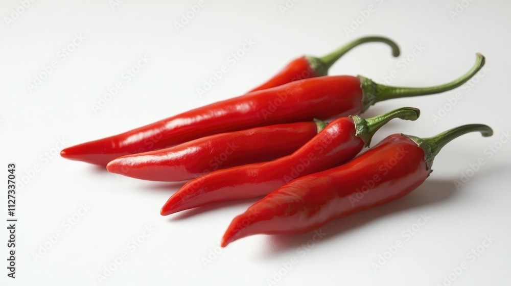 Red chili peppers arranged on a clean white background highlighting their vibrant color and smooth texture perfect for culinary design or food photography. Red chili peppers arranged on a clean white background highlighting their vibrant color and smooth texture perfect for culinary design or food photography.