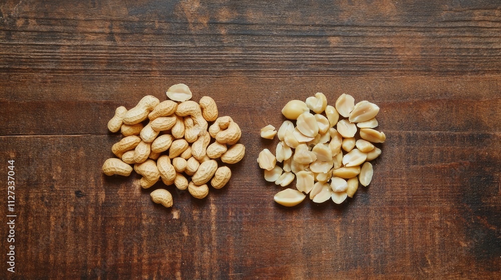 Peeled and unpeeled peanuts arranged on a rustic wooden table showcasing natural texture and colors of the snacks Peeled and unpeeled peanuts arranged on a rustic wooden table showcasing natural texture and colors of the snacks