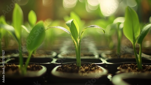 Vibrant young banana plants thriving in pots with fresh green leaves under soft natural light from a captivating bird's eye view photo