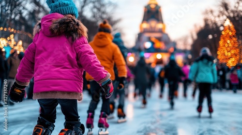 Children gleefully skate on an ice rink adorned with festive lights, embodying the joy and spirit of winter during a lovely holiday season celebration.