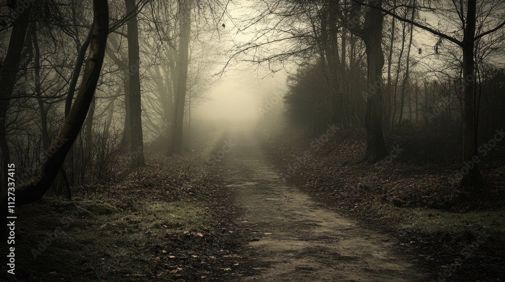 Naklejka premium Misty path winding through a serene English country garden surrounded by tall trees and soft, atmospheric fog