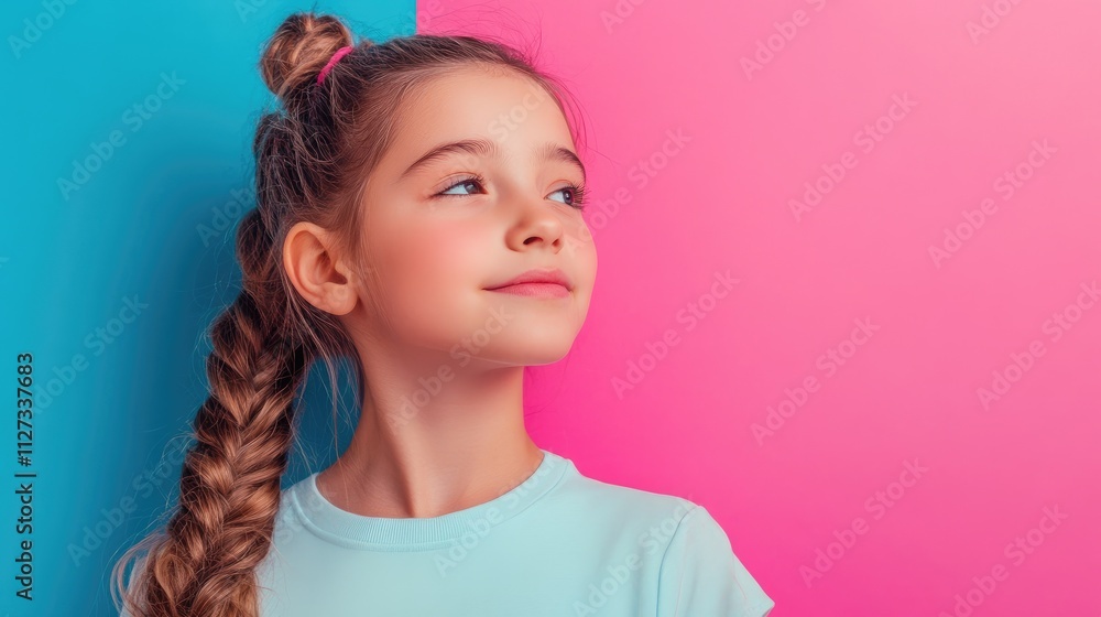 Young girl enjoying skincare routine with collagen cream against vibrant pink and blue background promoting healthy skin and beauty routines. Young girl enjoying skincare routine with collagen cream against vibrant pink and blue background promoting healthy skin and beauty routines.