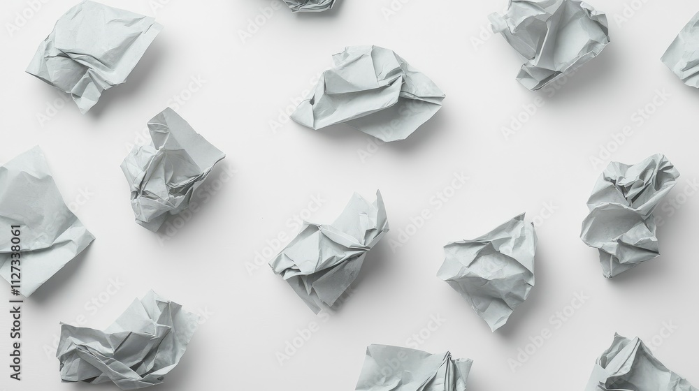 Crumpled gray paper scattered on a clean white background representing creativity and waste management concepts Crumpled gray paper scattered on a clean white background representing creativity and waste management concepts