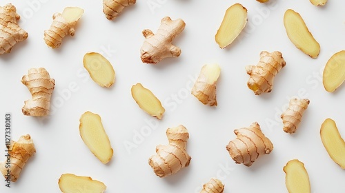 Wallpaper Mural Fresh ginger root slices and pieces arranged artfully on a clean white background for culinary and health-related concepts. Torontodigital.ca