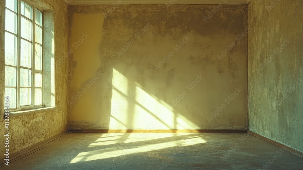 Repairman assessing empty room for renovations and preparing house for potential buyers with sunlight casting shadows on the walls. Repairman assessing empty room for renovations and preparing house for potential buyers with sunlight casting shadows on the walls.