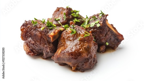 Savory oxtail pieces garnished with fresh herbs on a clean white background ideal for culinary or food advertising use