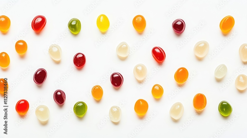 Colorful jelly candies arranged in a vibrant pattern on a clean white background for an eye-catching visual appeal. Colorful jelly candies arranged in a vibrant pattern on a clean white background for an eye-catching visual appeal.