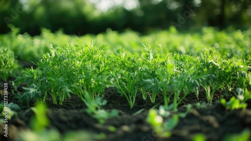 Morning view of vibrant carrot plants in a lush vegetable farm on highland showcasing green foliage and rich soil in natural light. photo