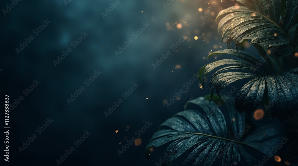 Fototapeta premium Mysterious Night in the Tropical Jungle: Enchanting Dark Green Foliage with Golden Dust