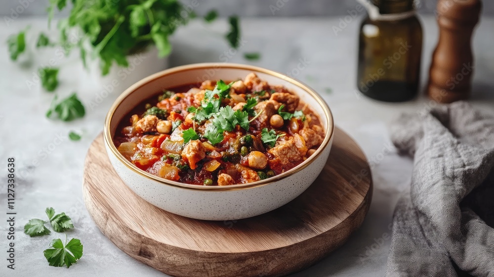 Colorful and delicious bowl of hearty vegetable stew garnished with fresh herbs on a wooden serving board in a cozy kitchen setting Colorful and delicious bowl of hearty vegetable stew garnished with fresh herbs on a wooden serving board in a cozy kitchen setting