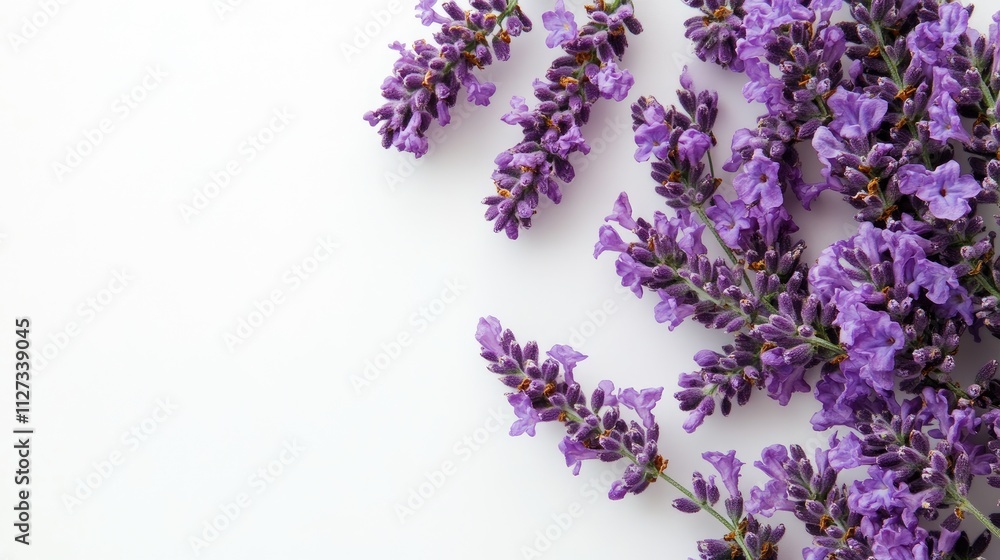 Lavender flowers arranged artistically on a clean white background highlighting their vibrant color and delicate texture. Lavender flowers arranged artistically on a clean white background highlighting their vibrant color and delicate texture.