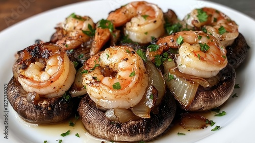 Mushrooms stuffed with shrimp and onion served on a white plate garnished with fresh herbs ready to be enjoyed.