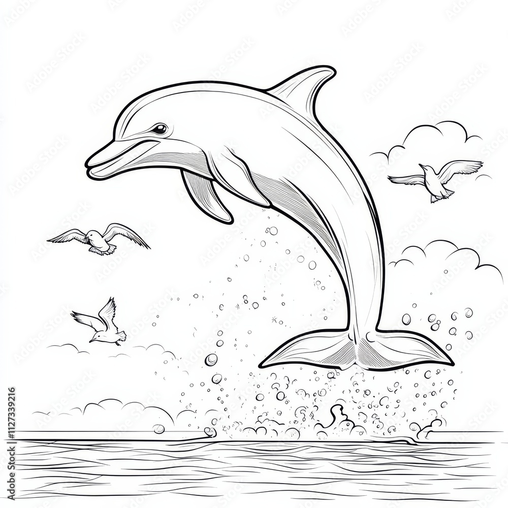 Fototapeta premium Dolphin's Playful Leap: A graceful dolphin leaps out of the water, accompanied by soaring birds, in a playful scene that captures the joy of the ocean.