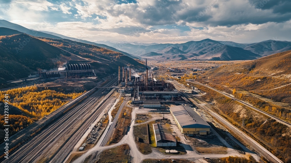 Fototapeta premium Aerial panorama of a thermal power plant surrounded by mountains and industrial landscape during a scenic cloudy day.