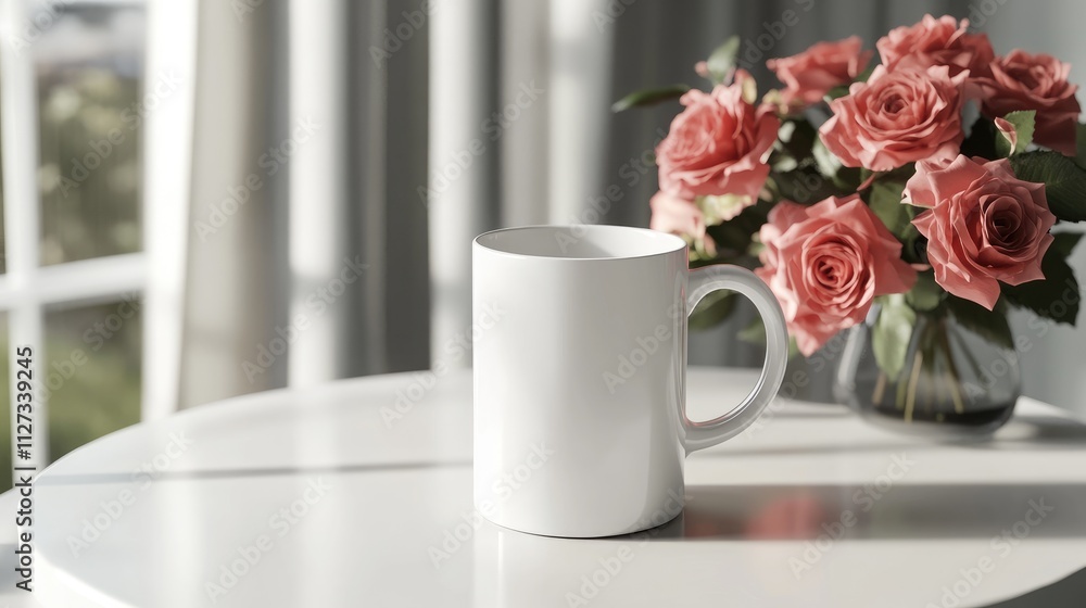 Blank mug mockup showcasing a bouquet of pink roses on a white table with soft natural light and elegant decor for branding and design use