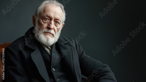 Senior man in a tailcoat with a beard posing against a gray background showcasing wisdom and elegance in a classic portrait setting