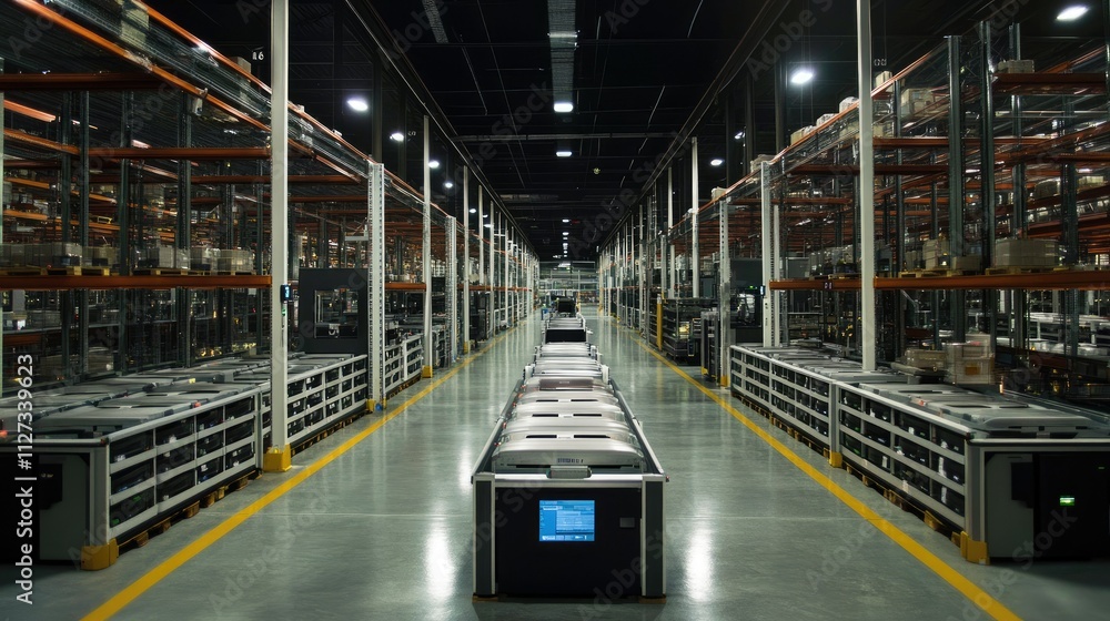 Modern warehouse interior with automated guided vehicles and high shelving. Modern warehouse interior with automated guided vehicles and high shelving.