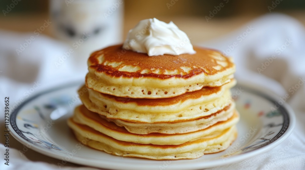 Stack of fluffy pancakes topped with creamy sour cream served on a vintage plate with a soft white background Stack of fluffy pancakes topped with creamy sour cream served on a vintage plate with a soft white background