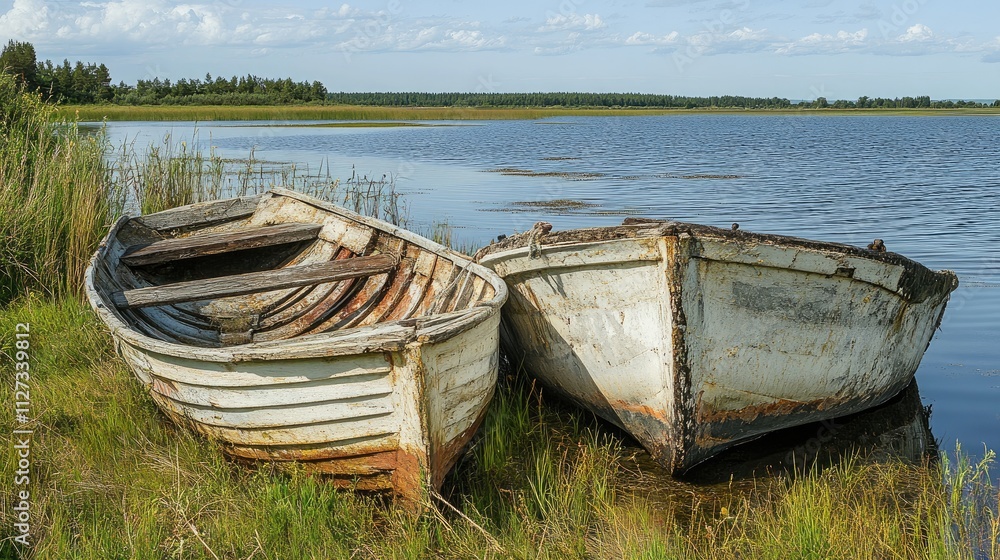 Fototapeta Weathered fishing boats resting on the shore of a tranquil lake surrounded by lush greenery and blue sky on a sunny day