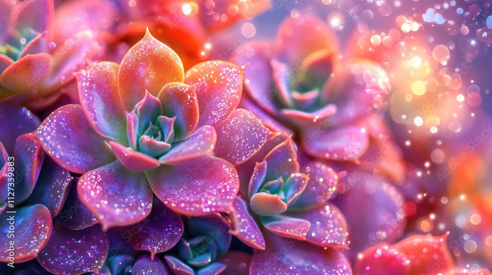 Vibrant pink succulents adorned with glitter against a futuristic abstract background evoking a fantastical sci-fi world concept. Vibrant pink succulents adorned with glitter against a futuristic abstract background evoking a fantastical sci-fi world concept.