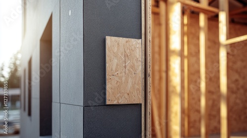 Modern insulation panels installed on house wall during construction showcasing building materials and structure closeup. photo