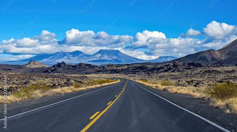 Grey car navigating a serene paved road through a dramatic volcanic desert landscape under a clear blue sky Grey car navigating a serene paved road through a dramatic volcanic desert landscape under a clear blue sky