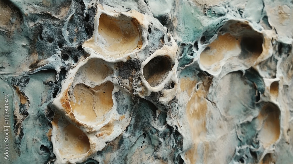 Abstract close-up of textured surface resembling natural mineral formations with organic shapes and earthy tones Abstract close-up of textured surface resembling natural mineral formations with organic shapes and earthy tones