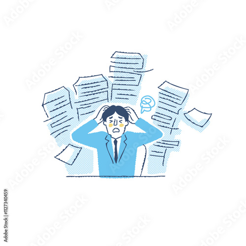 書類の山と頭をかかえて困っているビジネスパーソン　男性