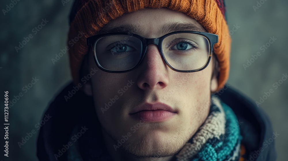Confident young man in eyeglasses and colorful beanie against a textured background showcasing style and personality Confident young man in eyeglasses and colorful beanie against a textured background showcasing style and personality
