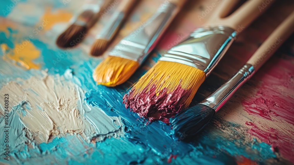 Fototapeta premium Paint brushes with vibrant colors on a wooden table showcasing home renovation and creative decoration ideas for interior design projects