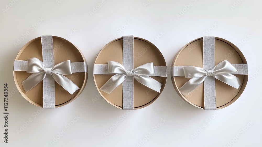 Elegant round gift boxes adorned with silver ribbon bows on a clean white background for festive occasions and special celebrations. Elegant round gift boxes adorned with silver ribbon bows on a clean white background for festive occasions and special celebrations.