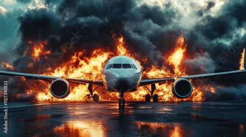 Aircraft engine fire and smoke emergency scenario with flames engulfing the aircraft on a runway during a catastrophic failure event photo