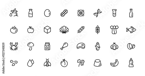 Food allergen line icon set. Gluten free, sugar, lactose, fish, without soybean, shellfish, gmo free, vector illustration. Simple outline sign for meal label.