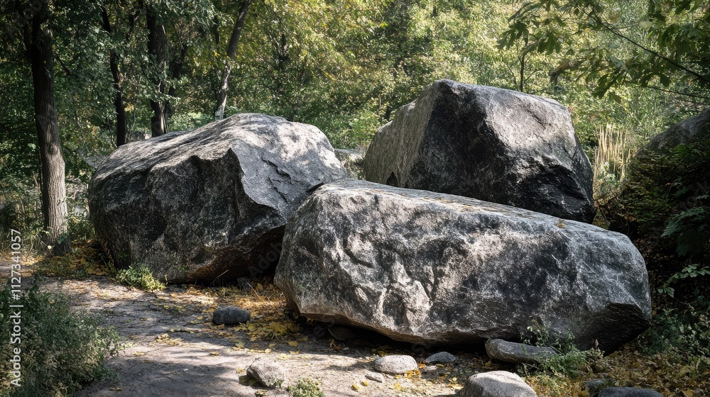 Granite boulders of glacial origin surrounded by lush greenery in a tranquil natural setting Granite boulders of glacial origin surrounded by lush greenery in a tranquil natural setting