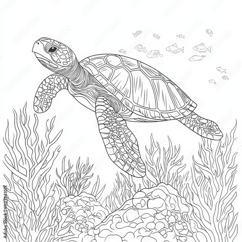 Fototapeta premium Sea Turtle Amidst Coral Reef: An intricately detailed line drawing of a sea turtle gracefully gliding through a vibrant coral reef, surrounded by a school of fish.